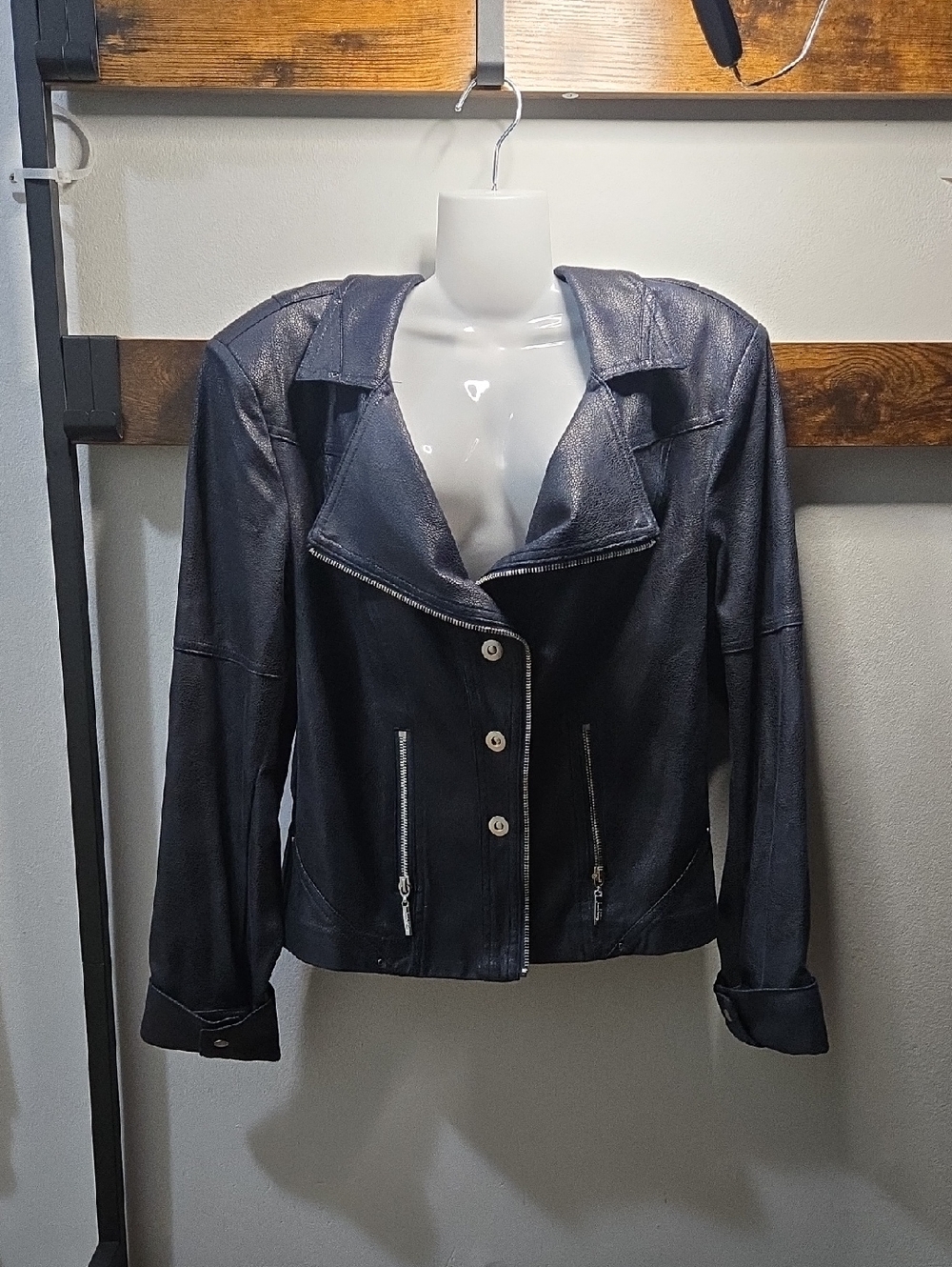 Joseph Ribkoff Shiny Navy Black Leather Button-Front Jacket
